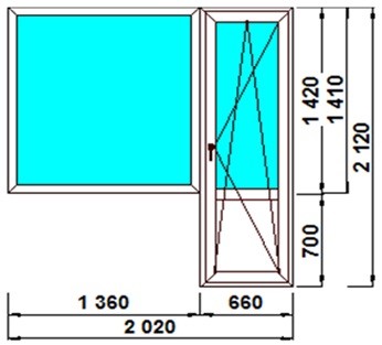 Балконная пластиковая конструкция Goodwin 3-КАМ, 58 ММ 32 СТ/П, разм: 2120х1420х700х1360х660х2020, дверь справа ООО «АБЕЛИЯ»